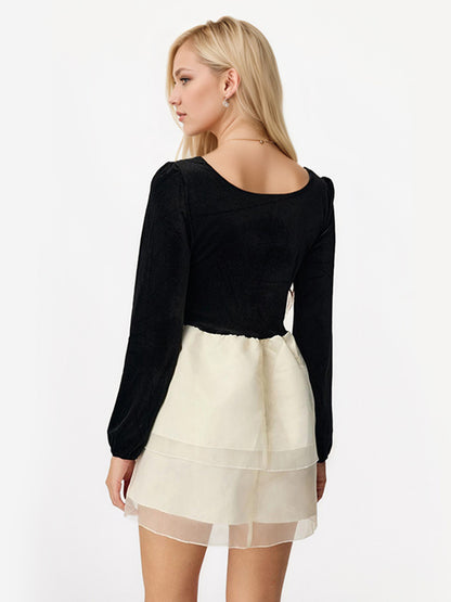 Contrast Mini Dress With Bowknot Long Sleeve Square Collar Layered Birthday Party Dress 2026