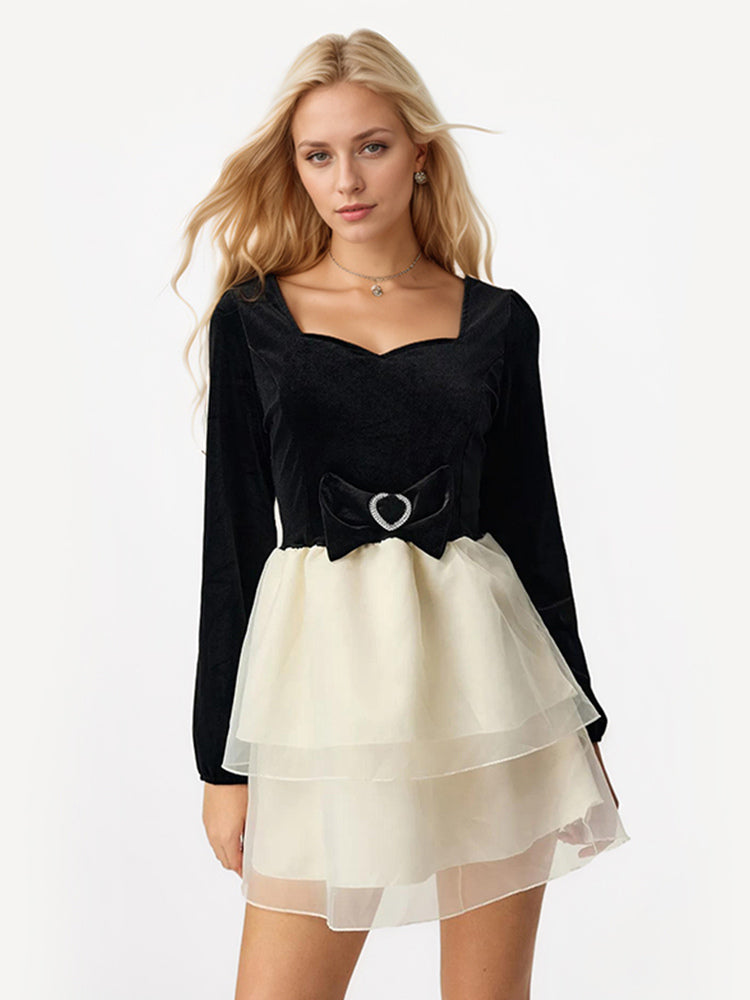 Contrast Mini Dress With Bowknot Long Sleeve Square Collar Layered Birthday Party Dress 2026