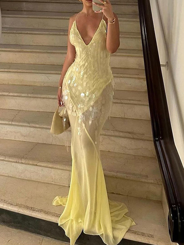 Sequin Sheer Maxi Slip Dress for Women - Butter Yellow Boho Backless V Neck Mermaid Cut Evening Gown - Summer Beach 2026