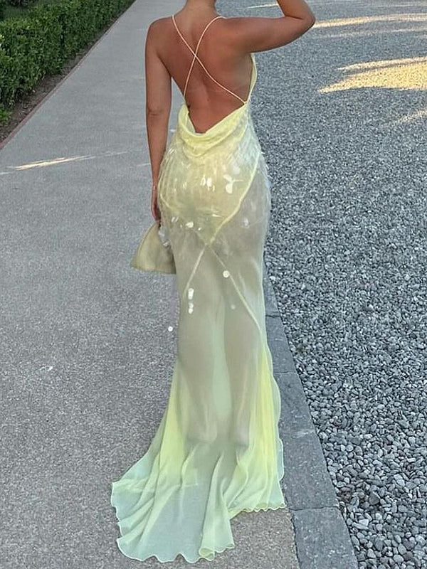 Sequin Sheer Maxi Slip Dress for Women - Butter Yellow Boho Backless V Neck Mermaid Cut Evening Gown - Summer Beach 2026