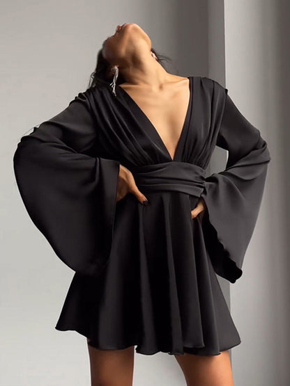 Satin Skater Dress Deep V-neck Long Bell Sleeve Pleated Spring Sexy Mini Swing Dress For Women 2026