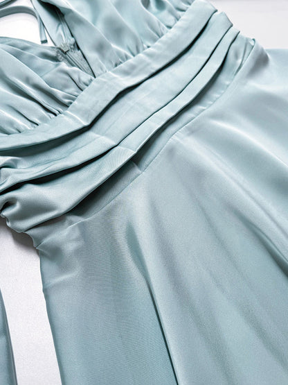 Satin Skater Dress Deep V-neck Long Bell Sleeve Pleated Spring Sexy Mini Swing Dress For Women 2026
