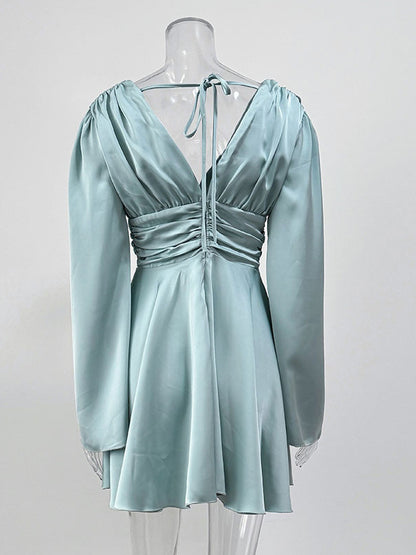 Satin Skater Dress Deep V-neck Long Bell Sleeve Pleated Spring Sexy Mini Swing Dress For Women 2026
