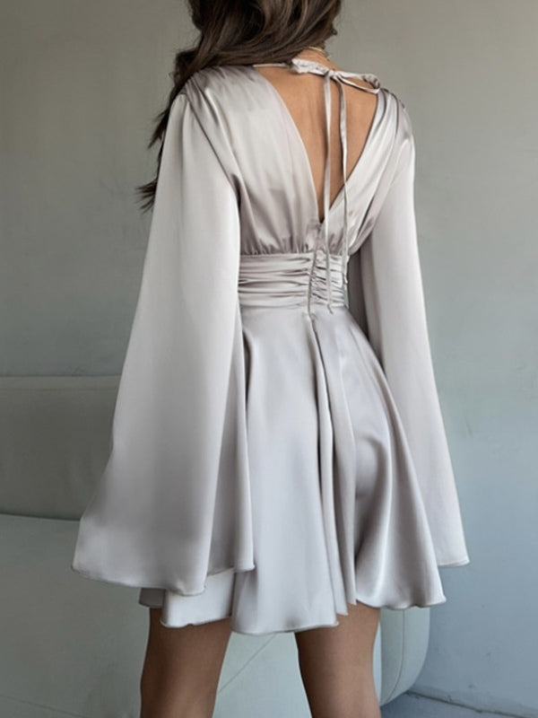 Satin Skater Dress Deep V-neck Long Bell Sleeve Pleated Spring Sexy Mini Swing Dress For Women 2026
