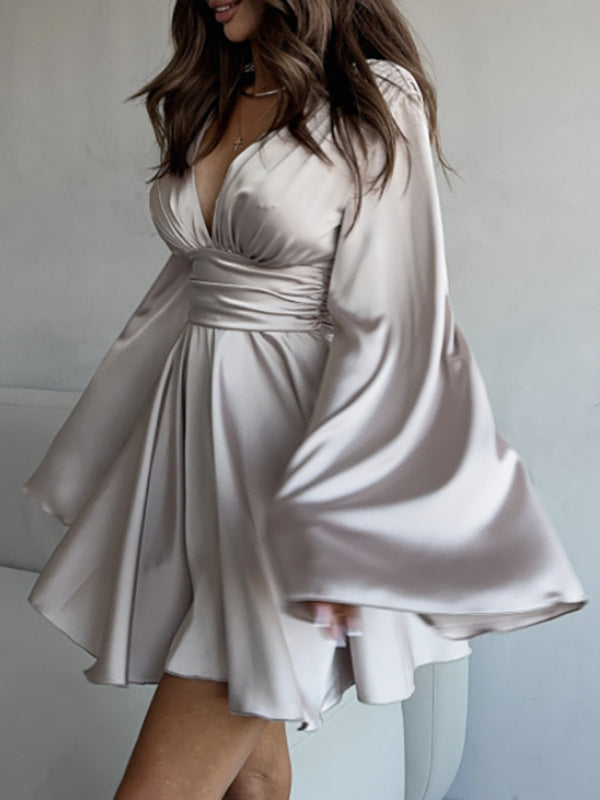 Satin Skater Dress Deep V-neck Long Bell Sleeve Pleated Spring Sexy Mini Swing Dress For Women 2026