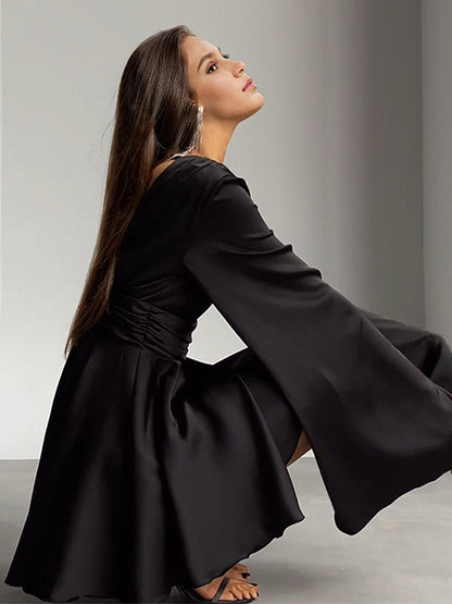 Satin Skater Dress Deep V-neck Long Bell Sleeve Pleated Spring Sexy Mini Swing Dress For Women 2026