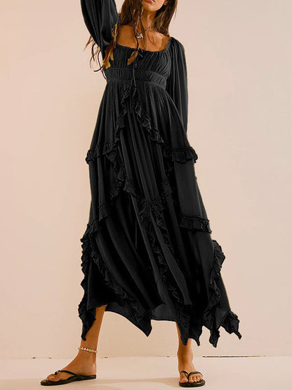 Square Neck Boho Maxi Dress for Women - Three Quarter Sleeve Tiered Ruffle Hem Smocked Flowy Long Dress - Summer Beach 2026