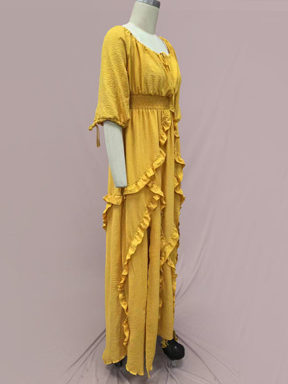 Square Neck Boho Maxi Dress for Women - Three Quarter Sleeve Tiered Ruffle Hem Smocked Flowy Long Dress - Summer Beach 2026