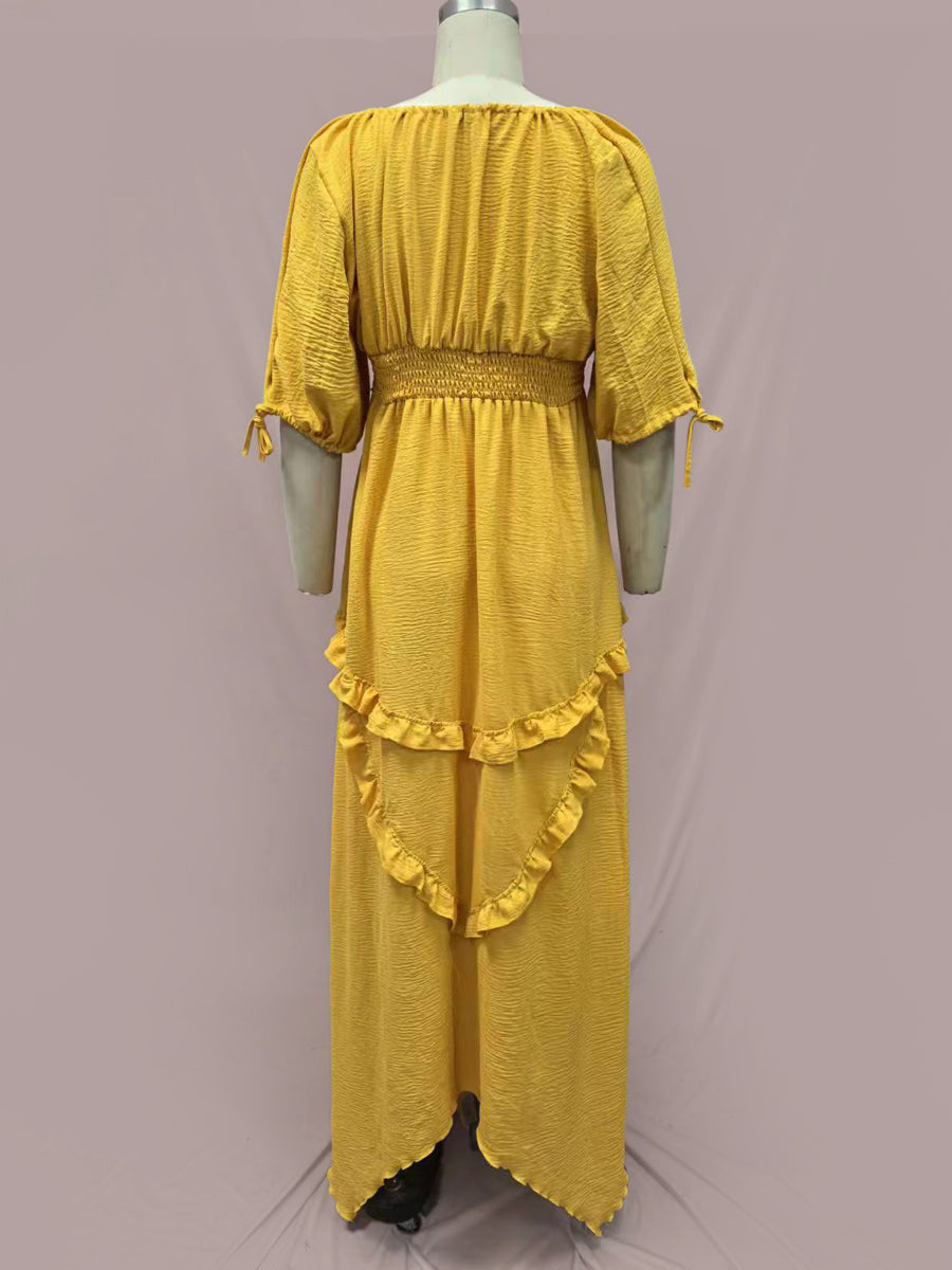 Square Neck Boho Maxi Dress for Women - Three Quarter Sleeve Tiered Ruffle Hem Smocked Flowy Long Dress - Summer Beach 2026
