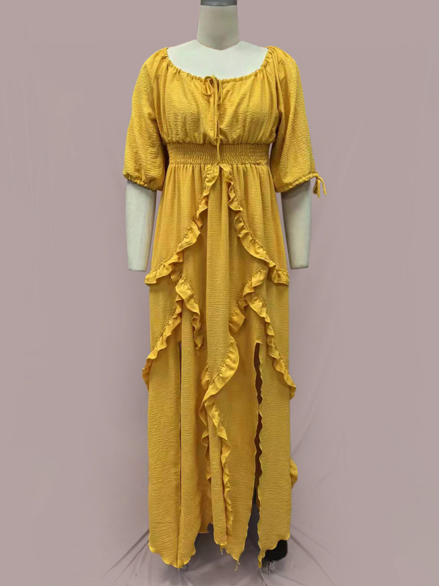 Square Neck Boho Maxi Dress for Women - Three Quarter Sleeve Tiered Ruffle Hem Smocked Flowy Long Dress - Summer Beach 2026