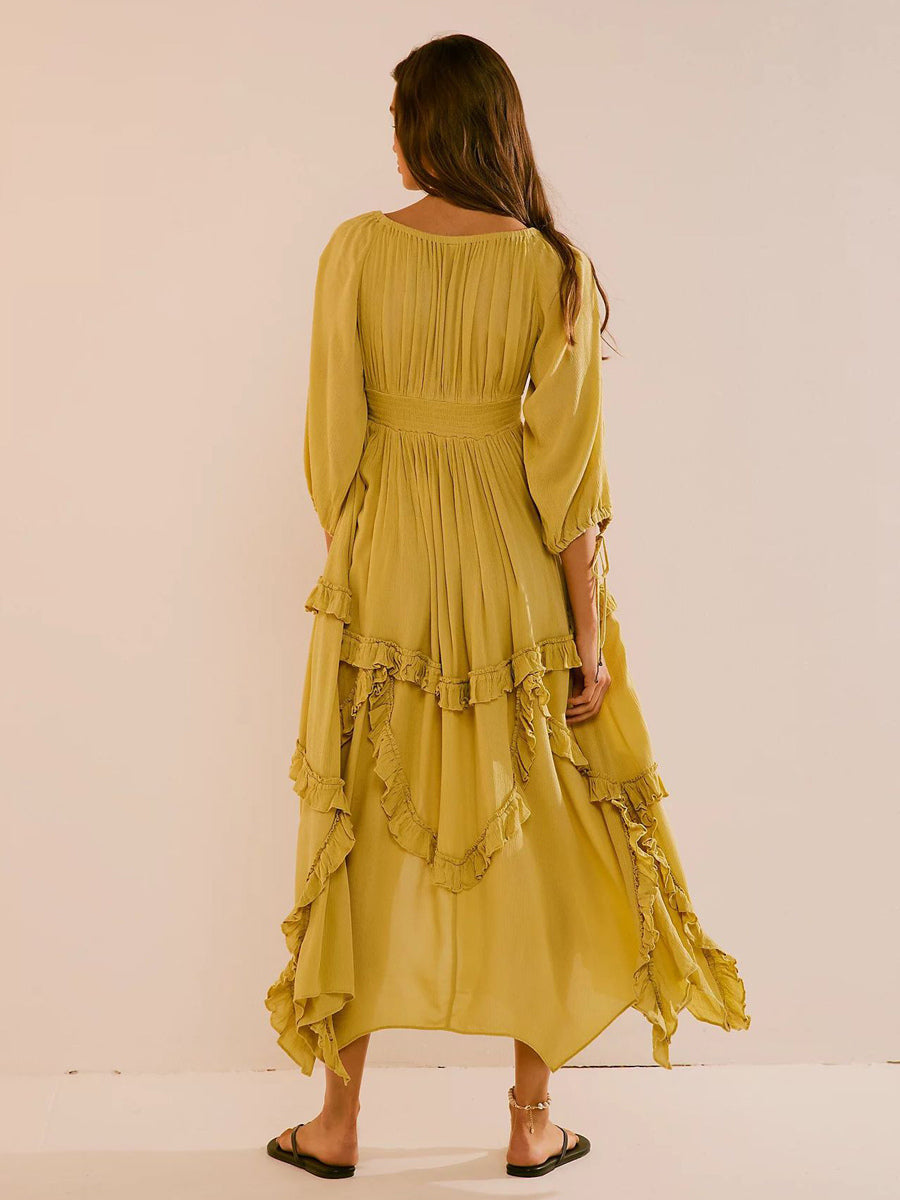 Square Neck Boho Maxi Dress for Women - Three Quarter Sleeve Tiered Ruffle Hem Smocked Flowy Long Dress - Summer Beach 2026