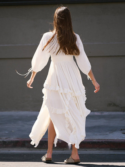 Square Neck Boho Maxi Dress for Women - Three Quarter Sleeve Tiered Ruffle Hem Smocked Flowy Long Dress - Summer Beach 2026