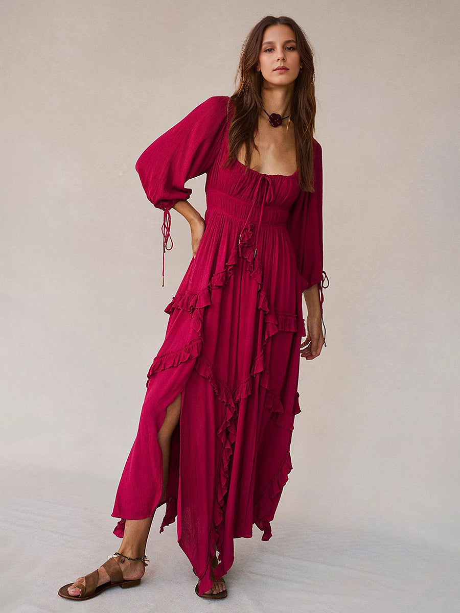 Square Neck Boho Maxi Dress for Women - Three Quarter Sleeve Tiered Ruffle Hem Smocked Flowy Long Dress - Summer Beach 2026
