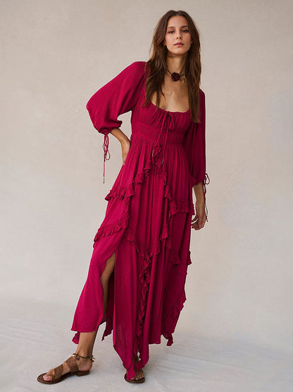 Square Neck Boho Maxi Dress for Women - Three Quarter Sleeve Tiered Ruffle Hem Smocked Flowy Long Dress - Summer Beach 2026