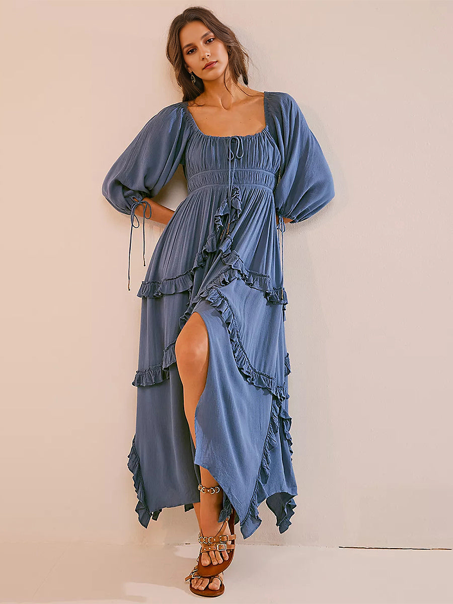 Square Neck Boho Maxi Dress for Women - Three Quarter Sleeve Tiered Ruffle Hem Smocked Flowy Long Dress - Summer Beach 2026