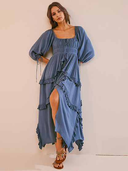 Square Neck Boho Maxi Dress for Women - Three Quarter Sleeve Tiered Ruffle Hem Smocked Flowy Long Dress - Summer Beach 2026