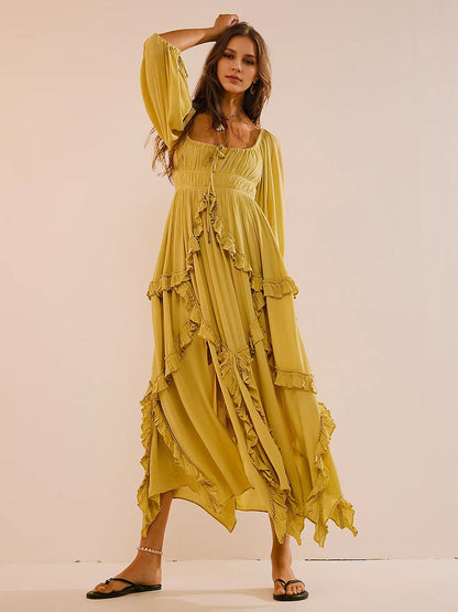 Square Neck Boho Maxi Dress for Women - Three Quarter Sleeve Tiered Ruffle Hem Smocked Flowy Long Dress - Summer Beach 2026