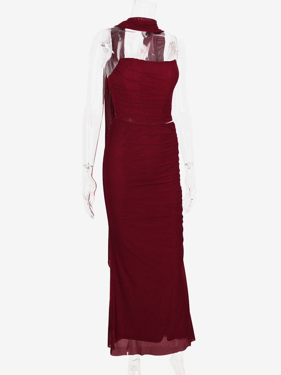 Strapless Corset And Mesh Maxi Skirt And Neck Scarf Party 3 Piece Co-ord Set For Women 2026