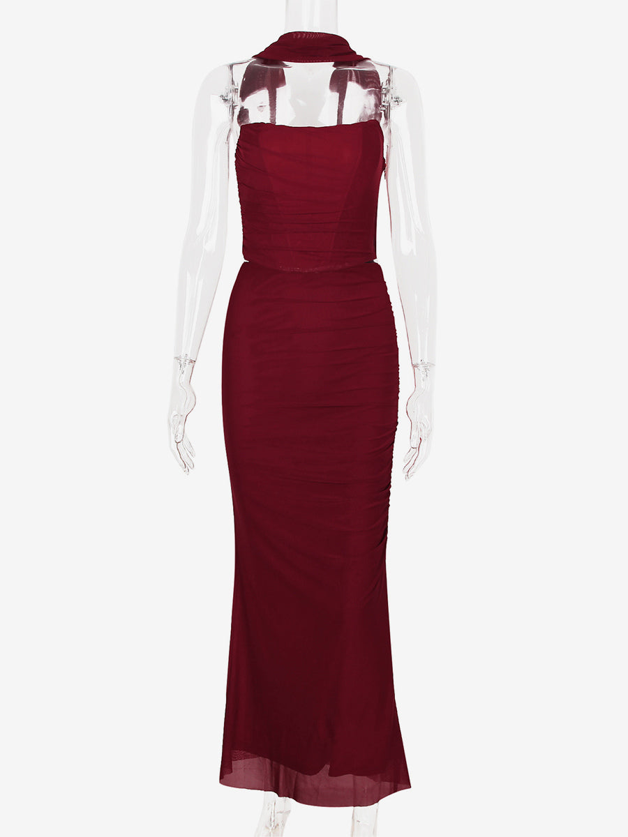 Strapless Corset And Mesh Maxi Skirt And Neck Scarf Party 3 Piece Co-ord Set For Women 2026