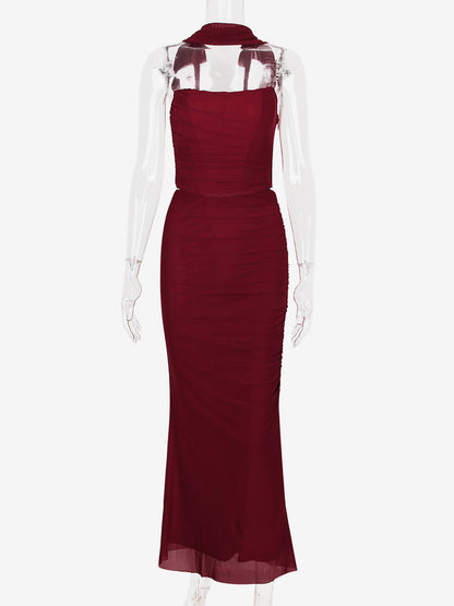 Strapless Corset And Mesh Maxi Skirt And Neck Scarf Party 3 Piece Co-ord Set For Women 2026