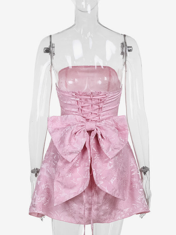 Soft Pink Floral Strapless Dress With Bowknot Birthday Party A-line Mini Dress For Women 2026