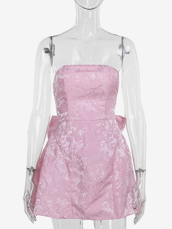 Soft Pink Floral Strapless Dress With Bowknot Birthday Party A-line Mini Dress For Women 2026