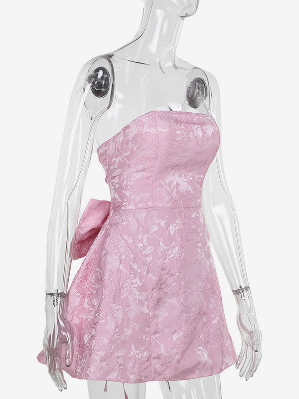 Soft Pink Floral Strapless Dress With Bowknot Birthday Party A-line Mini Dress For Women 2026