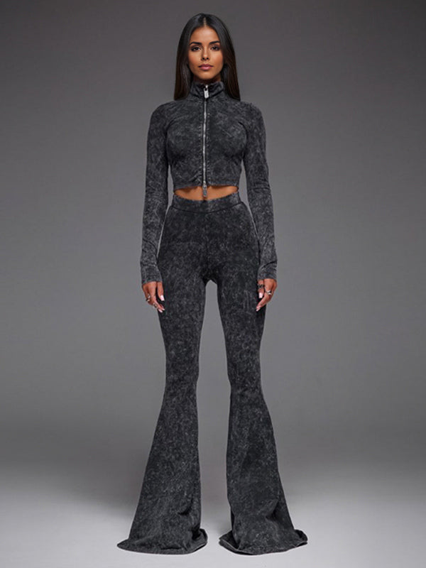 Two Piece Co-ord Set For Hot Girls High Neck Zip-Up Crop Top And Flare Pants Spring Outfit 2026