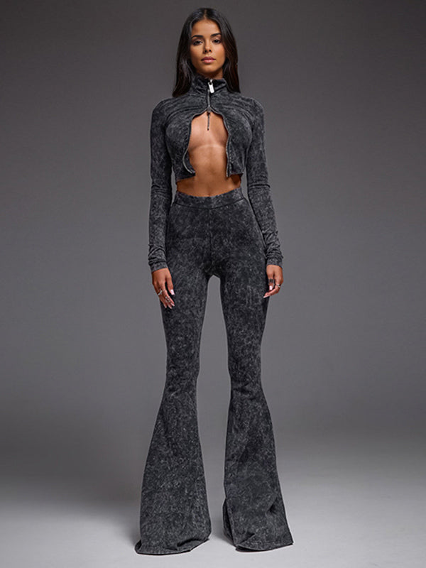Two Piece Co-ord Set For Hot Girls High Neck Zip-Up Crop Top And Flare Pants Spring Outfit 2026