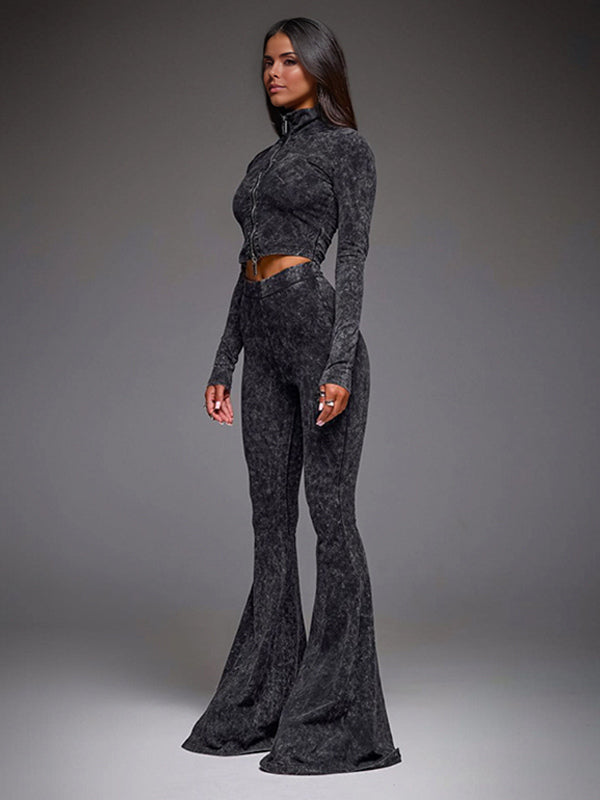 Two Piece Co-ord Set For Hot Girls High Neck Zip-Up Crop Top And Flare Pants Spring Outfit 2026