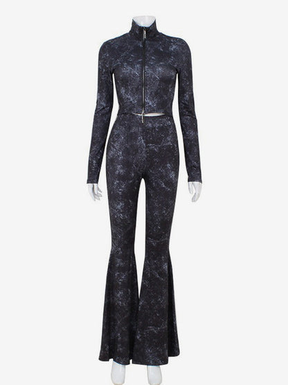 Two Piece Co-ord Set For Hot Girls High Neck Zip-Up Crop Top And Flare Pants Spring Outfit 2026