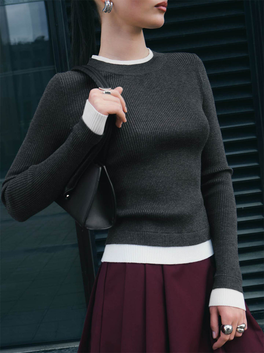Long Sleeve Rib-knit Sweater With Contrasting Edges Spring Casual Basic Tops For Women 2026
