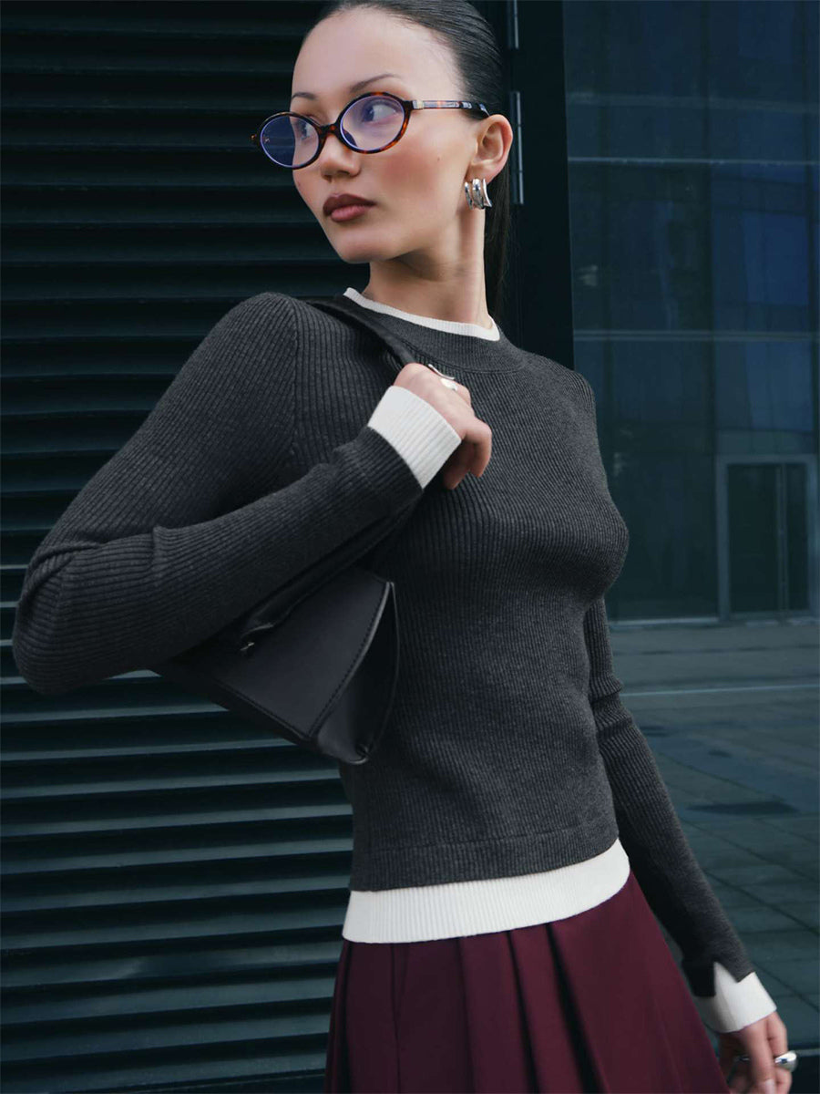 Long Sleeve Rib-knit Sweater With Contrasting Edges Spring Casual Basic Tops For Women 2026