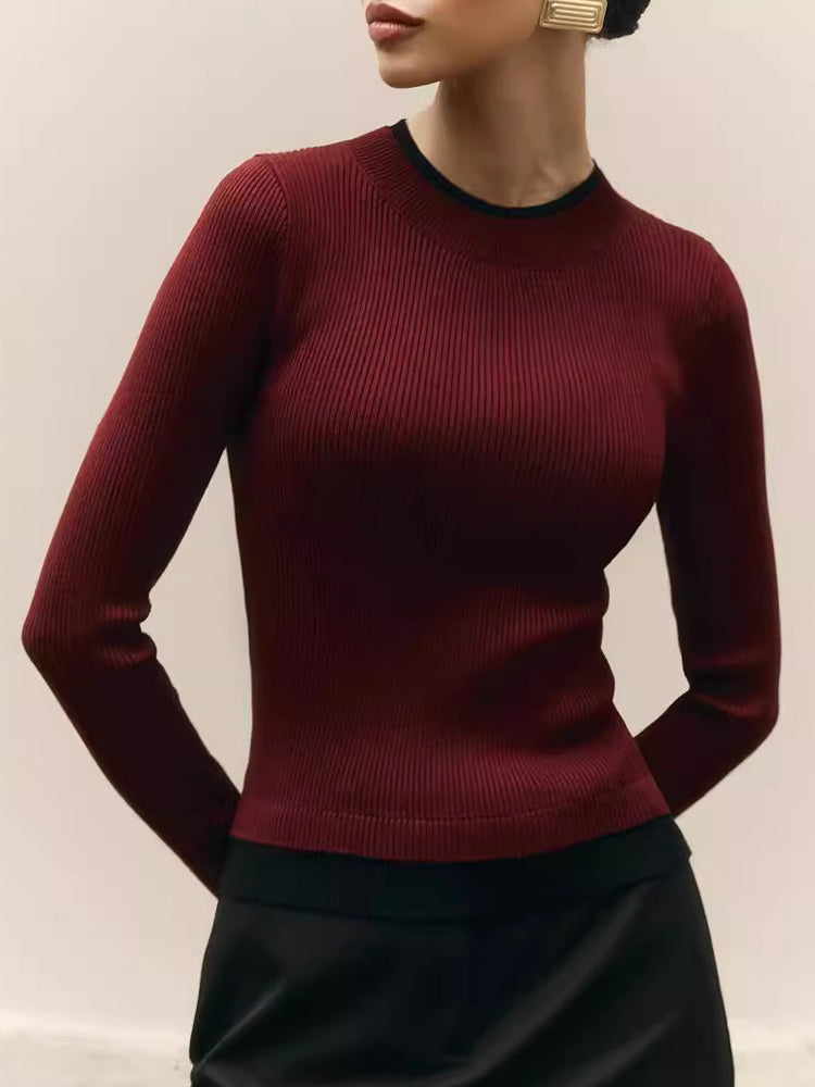 Long Sleeve Rib-knit Sweater With Contrasting Edges Spring Casual Basic Tops For Women 2026