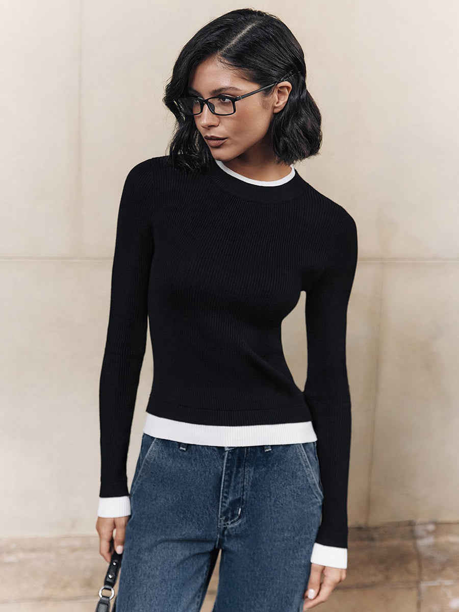 Long Sleeve Rib-knit Sweater With Contrasting Edges Spring Casual Basic Tops For Women 2026