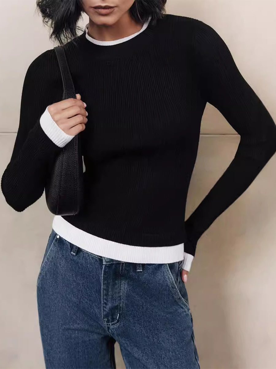 Long Sleeve Rib-knit Sweater With Contrasting Edges Spring Casual Basic Tops For Women 2026