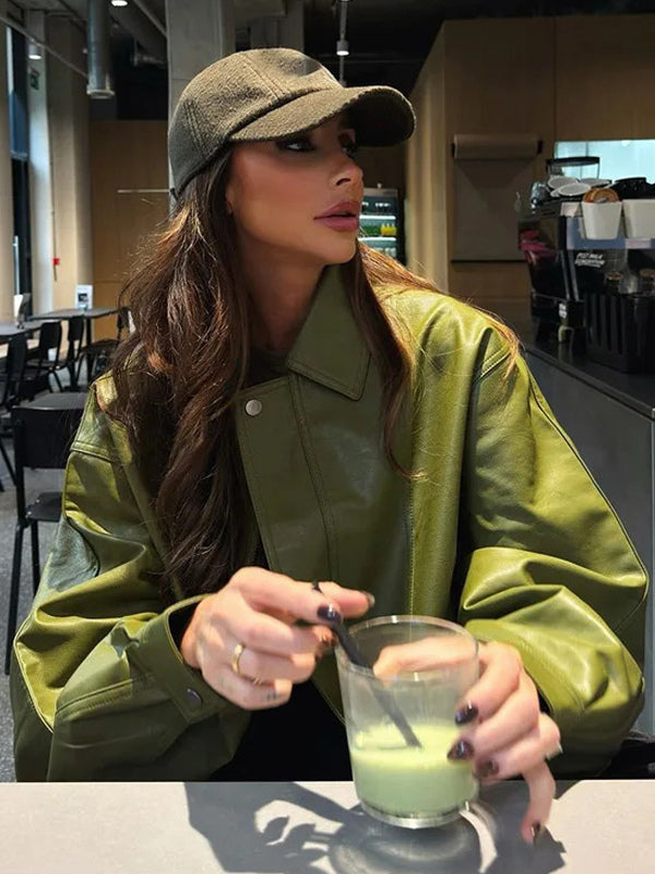 Faux Leather Bomber Jacket In Green Turndown Collar Spring Outerwear For Women 2026