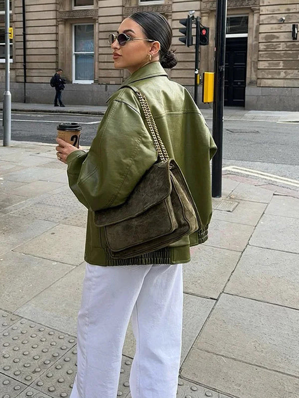 Faux Leather Bomber Jacket In Green Turndown Collar Spring Outerwear For Women 2026