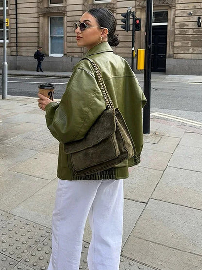 Faux Leather Bomber Jacket In Green Turndown Collar Spring Outerwear For Women 2026