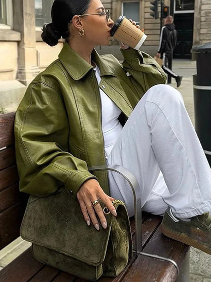 Faux Leather Bomber Jacket In Green Turndown Collar Spring Outerwear For Women 2026