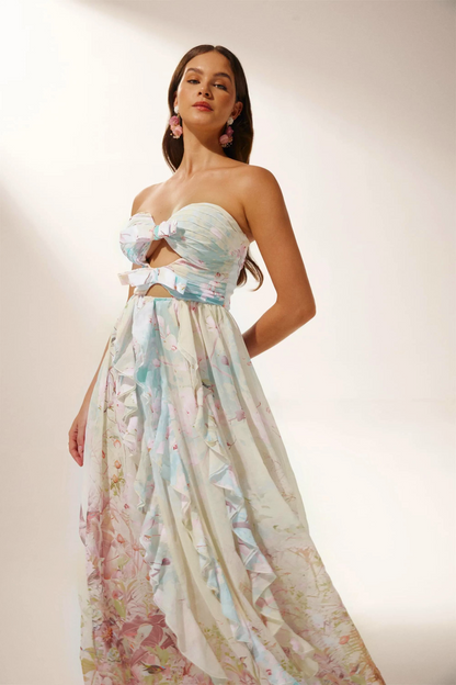 Octavia Printed Cut-out Ruffle Maxi Dress