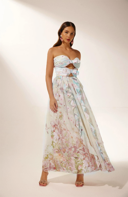 Octavia Printed Cut-out Ruffle Maxi Dress