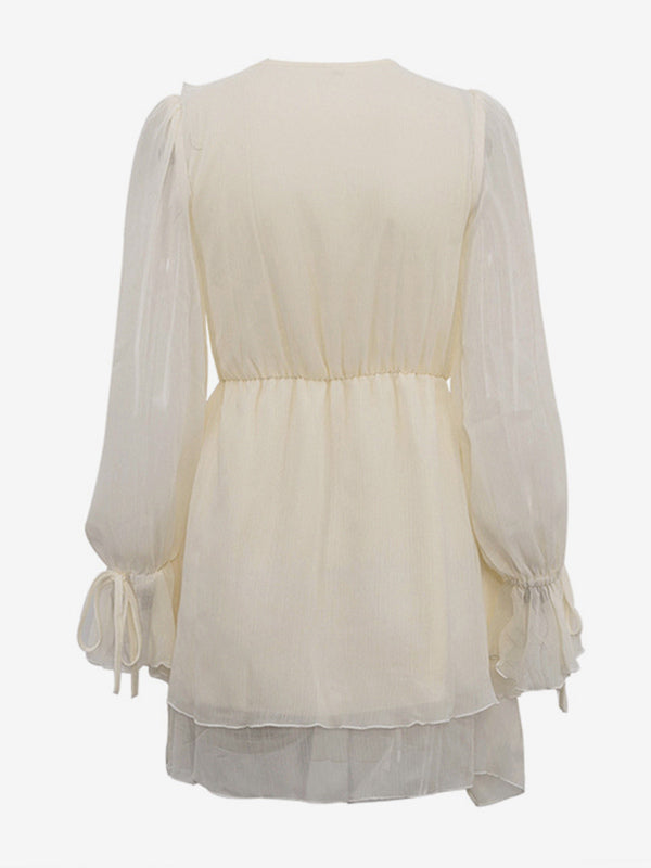 Apricot Ruffled Dress V-neck Long Sleeve Mini Dress For Women 2026