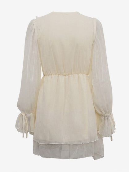 Apricot Ruffled Dress V-neck Long Sleeve Mini Dress For Women 2026