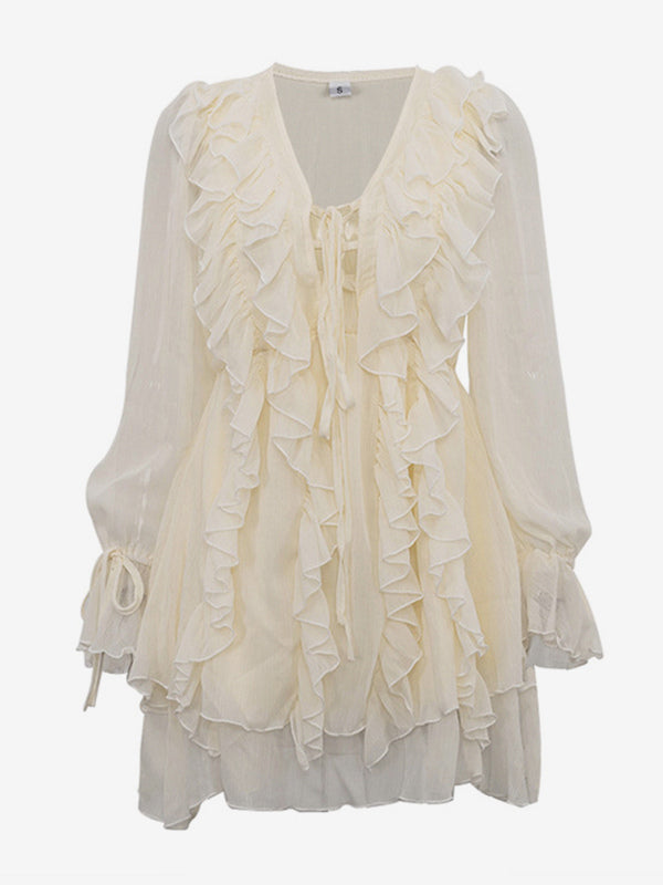 Apricot Ruffled Dress V-neck Long Sleeve Mini Dress For Women 2026