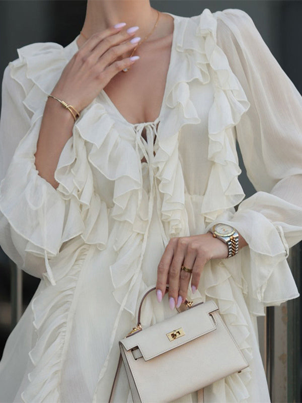 Apricot Ruffled Dress V-neck Long Sleeve Mini Dress For Women 2026