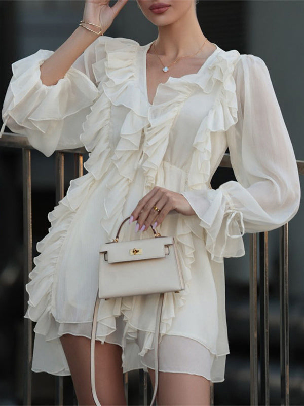 Apricot Ruffled Dress V-neck Long Sleeve Mini Dress For Women 2026