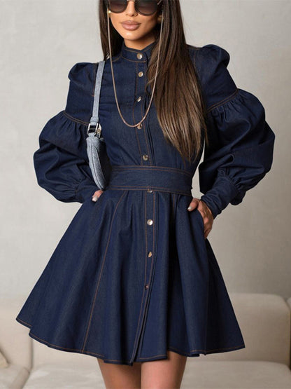Denim Skater Dress Puff Sleeve Button-Up A-line Mini Dress For Women 2026