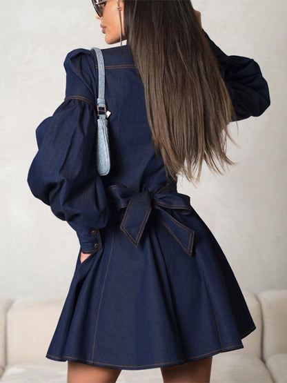 Denim Skater Dress Puff Sleeve Button-Up A-line Mini Dress For Women 2026