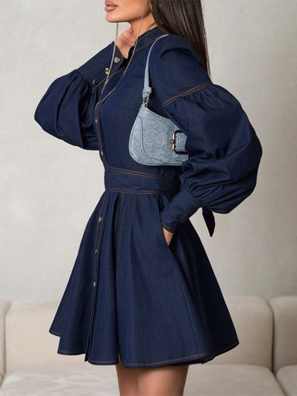 Denim Skater Dress Puff Sleeve Button-Up A-line Mini Dress For Women 2026